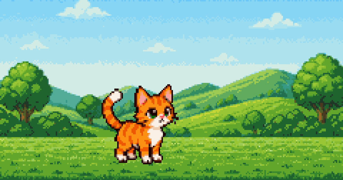 Pixel-Katze steht morgens auf einer grünen Wiese, dahinter Hügel und ein heller Himmel